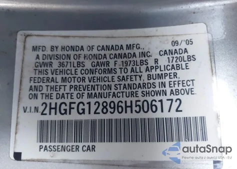 2006 Honda Civic Ex z USA, uszkodzony, nr VIN 2HGFG12896H506172